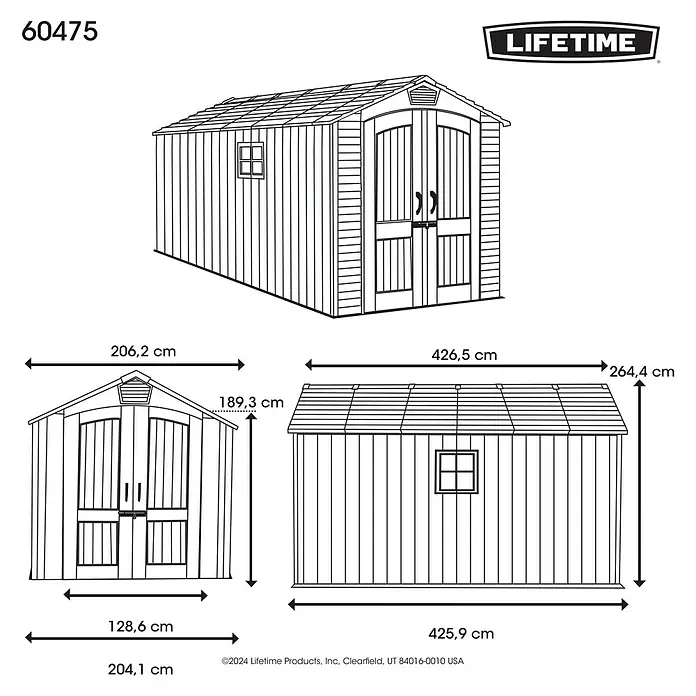 Lifetime Gerätehaus Utah - Kunststoff, Grau, Außenmaß inkl. Dachüberstand (B x T): 206 x 427 cm - Weißes Gartenhaus mit Giebeldach, Doppeltüren, Fenster und detaillierten Maßen aus mehreren Ansichten.