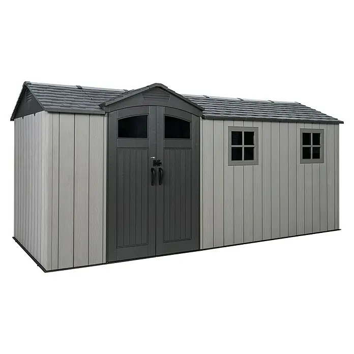 Lifetime Gerätehaus Idaho - Kunststoff, Grau, Außenmaß inkl. Dachüberstand (B x T): 498 x 214 cm - Hellgrauer Kunststoff-Gartenschuppen mit dunkelgrauem Dach und Türen, inklusive Fenstern.