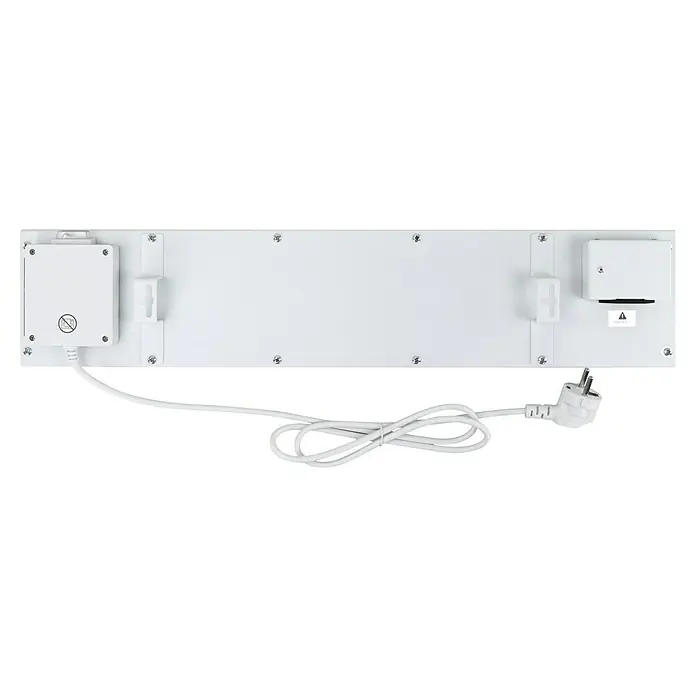 E2 elektro Schimmelschutz Anti-Schimmelheizer SICCO Basis - 602 x 44 mm, Weiß - Rückseite einer weißen rechteckigen Elektroplatte mit angeschlossenem Netzkabel und Stecker, zwei Anschlusskästen und Montagezubehör.