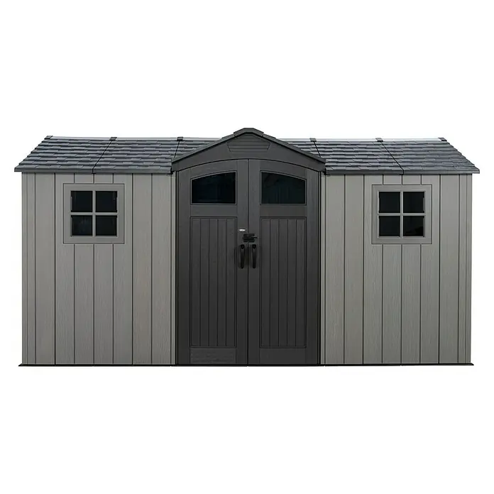 Lifetime Gerätehaus Kentucky - Kunststoff, Grau, Außenmaß inkl. Dachüberstand (B x T): 427 x 206 cm - Zweifarbiger grauer Gartenschuppen mit Doppeltüren, zwei Fenstern und Schindeldach.