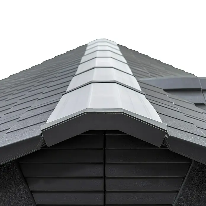 Lifetime Gerätehaus Idaho - Kunststoff, Grau, Außenmaß inkl. Dachüberstand (B x T): 498 x 214 cm - Dunkelgraues Kunststoffdach mit helleren Firstkappen.