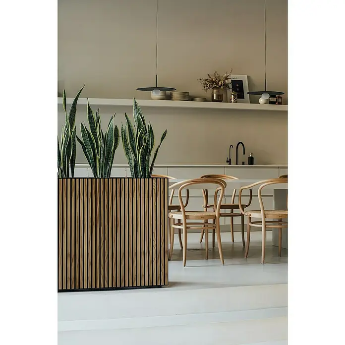 Herstera Garden Pflanzkasten Deco Planter - Außenmaß (L x B x H): 120 x 25 x 80 cm, Holz, Braun/Schwarz - Pflanzgefäß aus Holzlamellen mit Schlangenpflanzen, trennt moderne Küche und Essbereich.