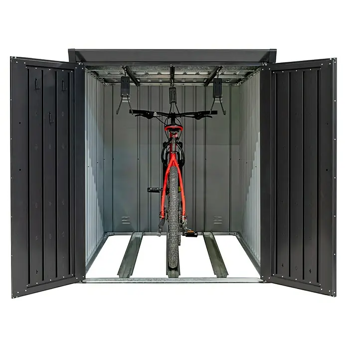 Westmann Fahrradgarage Velos - Schwarz, Velos 2 - Dunkelgraue Metall-Fahrradbox mit geöffneten Türen, zeigt ein rotes Fahrrad, vertikal auf Bodenschiene und Deckenhaken gelagert.