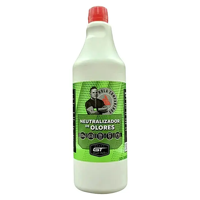 GT Automoción Neutralizador de olores Recambio - Neutro, 1.000 ml - Botella blanca con tapa roja, etiqueta verde con un hombre y texto 'Neutralizador de Olores'.