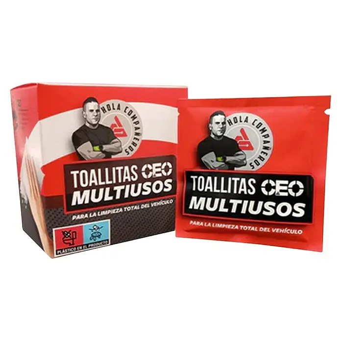 GT Automoción Toallitas húmedas CEO - 12 ud. - Caja y sobre rojos de 'Toallitas CEO Multiusos' para limpieza de vehículos, con imagen de un hombre.