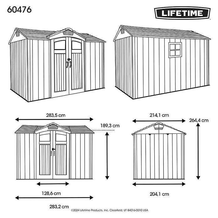 Lifetime Gerätehaus Ohio - Kunststoff, Grau, Außenmaß inkl. Dachüberstand (B x T): 283,5 x 214,1 cm - Strichzeichnung eines Schuppens mit Vorder- und Seitenansicht, zeigt Hauptmaße in Zentimetern, Modell 60476. Er hat ein Giebeldach und Doppeltüren.