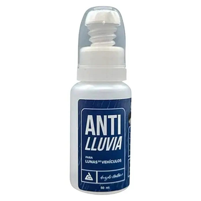 GT Automoción Antilluvia - 50 ml - Botella blanca de anti-lluvia para lunas de vehículos, con etiqueta azul y aplicador de rosca transparente.