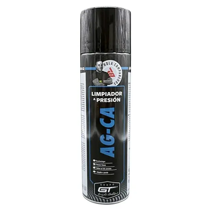 GT Automoción Limpiador en aerosol AG-CA - 500 ml - Bote de aerosol negro y plata para limpieza a presión AC-CA, etiquetado 'LIMPIADOR A PRESIÓN' y 'GT'.