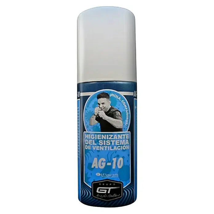 GT Automoción Purificador de aire AG-10 - Incoloro, 100 ml - Botella de spray azul y blanca para higienizante de sistema de ventilación, etiquetada 'AG-10'.