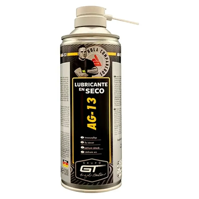 GT Automoción Lubricante en seco AG-13 - 400 ml - Bote de spray lubricante plateado con boquilla y pajita blancas. Etiqueta negra y amarilla con 'LUBRICANTE EN SECO' y 'AG-13'.
