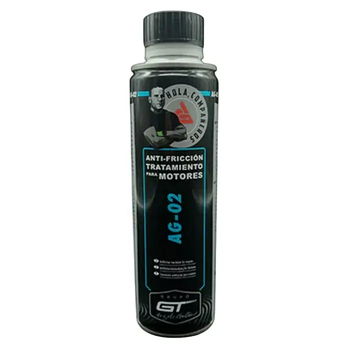 GT Automoción Tratamiento para el motor antifricción AG-02 - 300 l - Botella negra de tratamiento anti-fricción para motores "ANTI-FRICCIÓN TRATAMIENTO PARA MOTORES" (AG-02) con tapón negro y detalles azules.