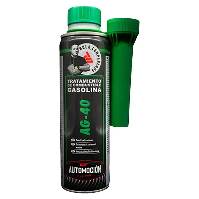 GT Automoción Aditivo para gasolina AG-40 - 300 ml - Bote gris oscuro de tratamiento de combustible gasolina AG-40 con tapón verde y embudo verde separado.