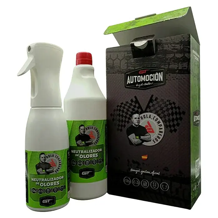 GT Automoción Neutralizador de olores Pack - Neutro, 1.500 ml - Neutralizador de Olores GT Automoción: dos botellas blancas (una spray) y caja oscura con etiquetas verdes, banderas a cuadros.