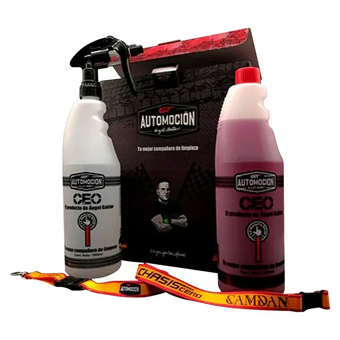 GT Automoción Limpiador concentrado Pack CEO - 1.000 ml, 3 pzs. - Dos botellas de limpieza AUTOMOCION (spray, líquido), una caja de marca y correas amarillas CHASISCERO/SAMDAN para coche.