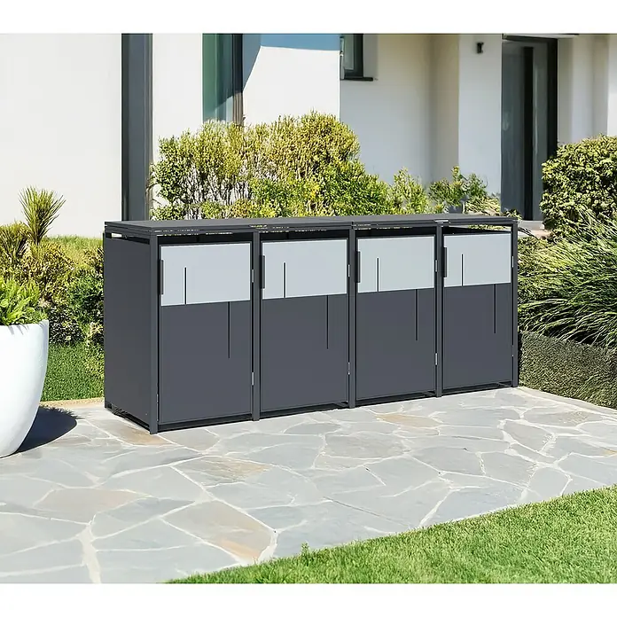 Westmann Mülltonnenbox Tonus 4 - Geeignet für Anzahl Mülltonnen: 4 Stk., Stahl, Grau - Dunkelgraue Metall-Mülltonnenbox mit Milchglas-Paneelen auf einer Steinterrasse.