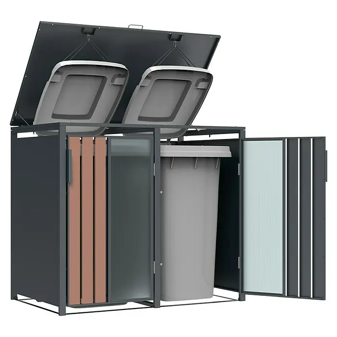 Westmann Mülltonnenbox Status 2 - Geeignet für Anzahl Mülltonnen: 2 Stk., Stahl, Acryl, Anthrazit - Dunkelgraue Mülltonnenbox aus Metall mit gerippten Paneelen und braunen Lamellen, beherbergt zwei graue Tonnen, oben und vorne offen dargestellt.