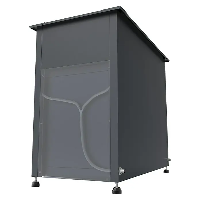 Westmann Hochbeet Plexa - 50 x 100 x 85 cm, Metall, Grau - Dunkelgraue Industrieeinheit mit transparenter Seitenwand, die weiße interne Schläuche und silberne Anschlüsse zeigt.