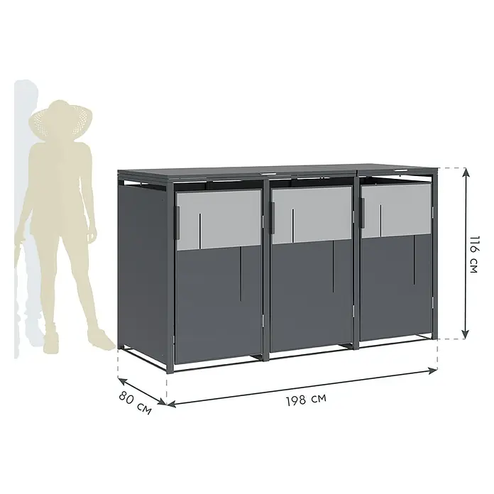Westmann Mülltonnenbox Tonus 3 - Geeignet für Anzahl Mülltonnen: 3 Stk., Stahl, Grau - Dunkelgraue Dreifach-Mülltonnenbox mit hellgrauen Oberteilen. Maße: 198x80x116 cm. Eine Person dient als Größenvergleich.