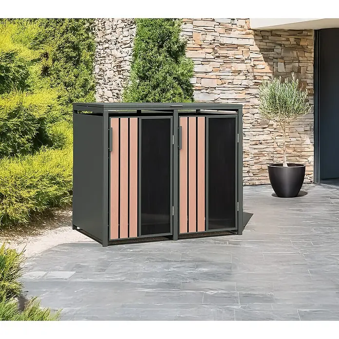 Westmann Mülltonnenbox Status 2 - Geeignet für Anzahl Mülltonnen: 2 Stk., Stahl, Acryl, Anthrazit - Dunkelgraue Mülltonnenbox mit hellbraunen Holzlatten und schwarzen gerippten Paneelen auf einer Terrasse.