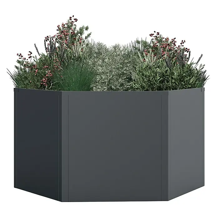 Westmann Hochbeet Varia 52 - 100 x 100 x 52 cm, Metall, Grau - Dunkelgrauer, sechseckiger Pflanzkübel mit vielfältigen Grünpflanzen, teils mit rosa Beeren und lila Blüten.