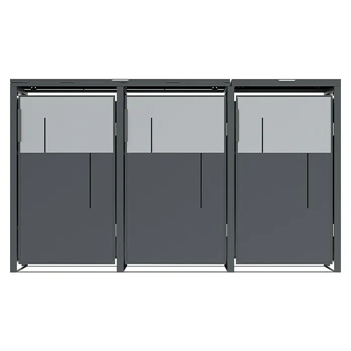 Westmann Mülltonnenbox Tonus 3 - Geeignet für Anzahl Mülltonnen: 3 Stk., Stahl, Grau - Drei dunkelgraue Module mit hellgrauen Oberteilen und vertikalem Liniendesign.