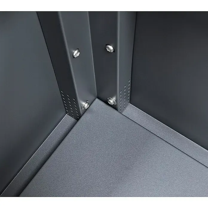 Westmann Hochbeet Plexa - 50 x 100 x 85 cm, Metall, Grau - Dunkelgraues Metalleckstück einer Struktur, mit silbernen Schrauben befestigt.