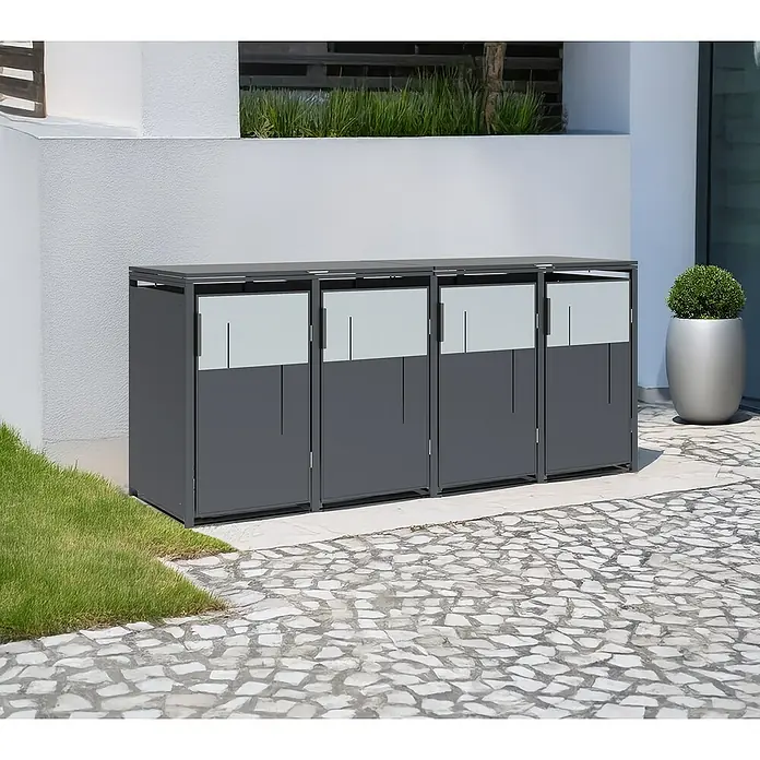 Westmann Mülltonnenbox Tonus 4 - Geeignet für Anzahl Mülltonnen: 4 Stk., Stahl, Grau - Vier dunkelgraue modulare Outdoor-Aufbewahrungsboxen mit mattierten Paneelen für die diskrete Mülltonnenaufbewahrung im modernen Garten.