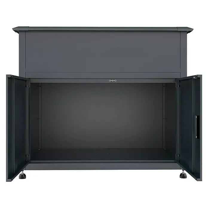 Westmann Hochbeet Plexa - 50 x 100 x 85 cm, Metall, Grau - Dunkelgrauer Metallschrank mit geöffneten Türen, der das leere Innere und verstellbare Füße zeigt.