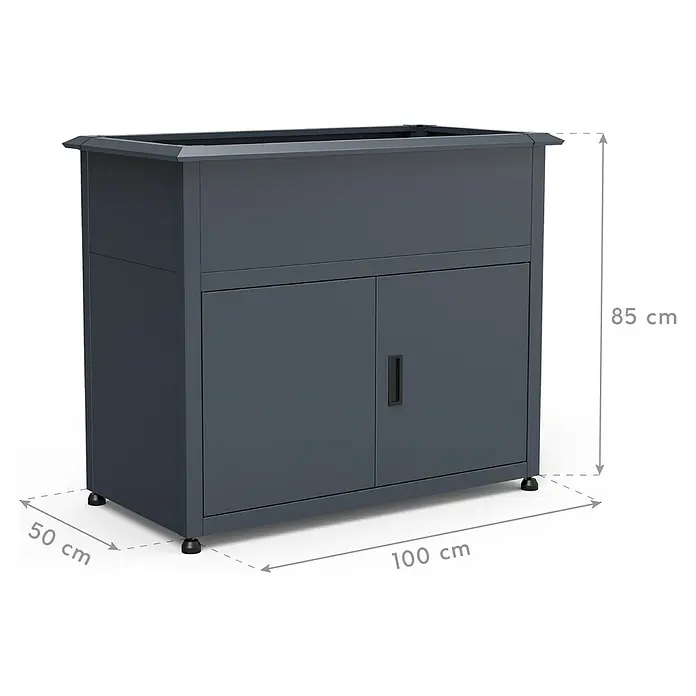 Westmann Hochbeet Plexa - 50 x 100 x 85 cm, Metall, Grau - Dunkelgrauer Outdoor-Küchenunterschrank, 100x50x85 cm, mit zwei Türen und offener Oberseite.