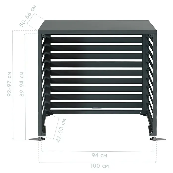 Westmann Verkleidung Boxa S - Ausführungseigenschaft: L 100 x B 56 x H 97 cm, Anthrazit - Dunkelgraue Lamellenabdeckung aus Metall für eine Klimaanlage im Außenbereich.