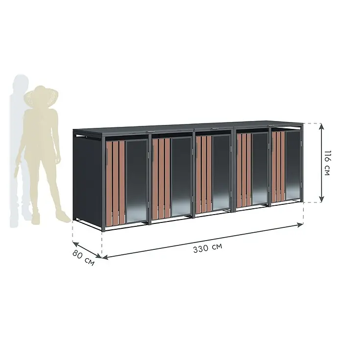 Westmann Mülltonnenbox Status 2 - Geeignet für Anzahl Mülltonnen: 5 Stk., Stahl, Acryl, Anthrazit - Langer, dunkelgrauer Outdoor-Schrank mit Holzlamellen und transparenten Paneelen, 330x80x116 cm. Mehrere Fächer.