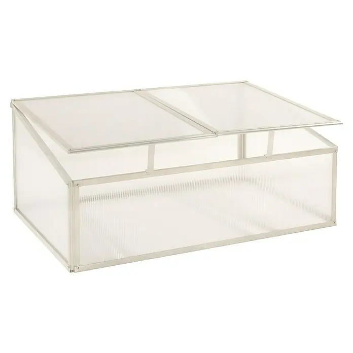 Westmann Frühbeet-Aufsatz Genus 100 - Passend für: Westmann Hochbeet Genus 100, L x B x H: 95 x 62 x 41 cm - Silbergerahmtes Frühbeet mit transparenten Platten und zwei teilweise geöffneten Klappen.