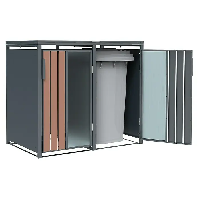 Westmann Mülltonnenbox Status 2 - Geeignet für Anzahl Mülltonnen: 2 Stk., Stahl, Acryl, Anthrazit - Graue Metall-Mülltonnenbox mit braunen Holzlamellen und strukturierten transluzenten Platten, enthält eine graue Mülltonne.