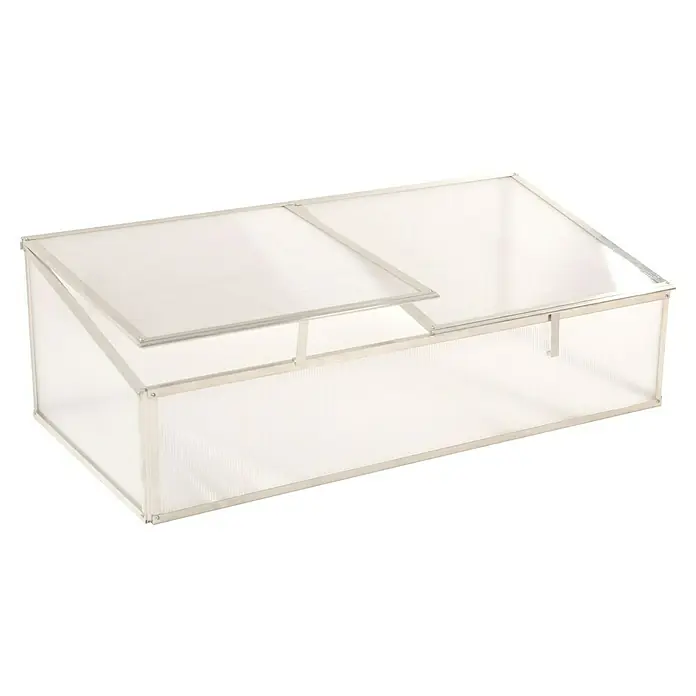 Westmann Frühbeet-Aufsatz Genus 130 - Passend für: Westmann Hochbeet Genus 130, L x B x H: 125 x 62 x 41 cm - Silbernes Frühbeet mit transparenten Platten, ein Deckel leicht geöffnet.