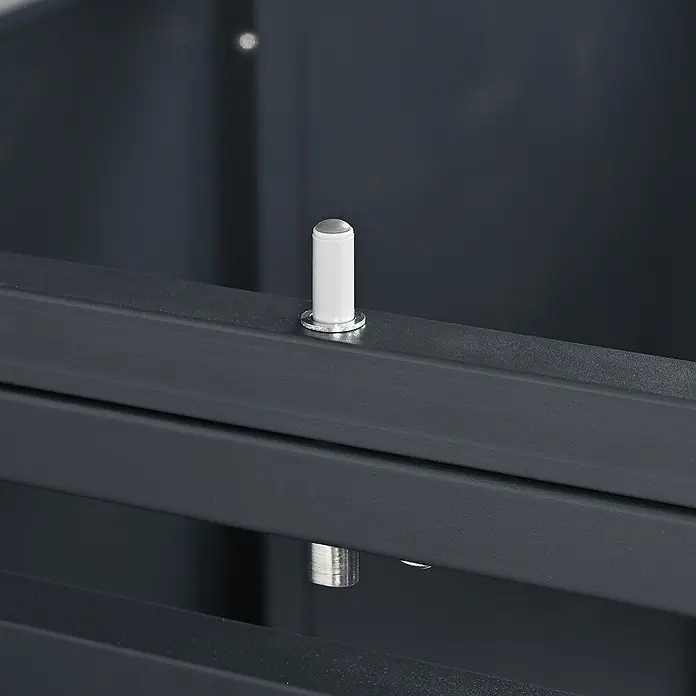Mülltonnenbox - Stahl, Anthrazit, Geeignet für Anzahl Mülltonnen: 3 Stk. - Weißer Stift mit grauer Kappe in einem dunkelgrauen Metallrahmen, zur Regalstütze.