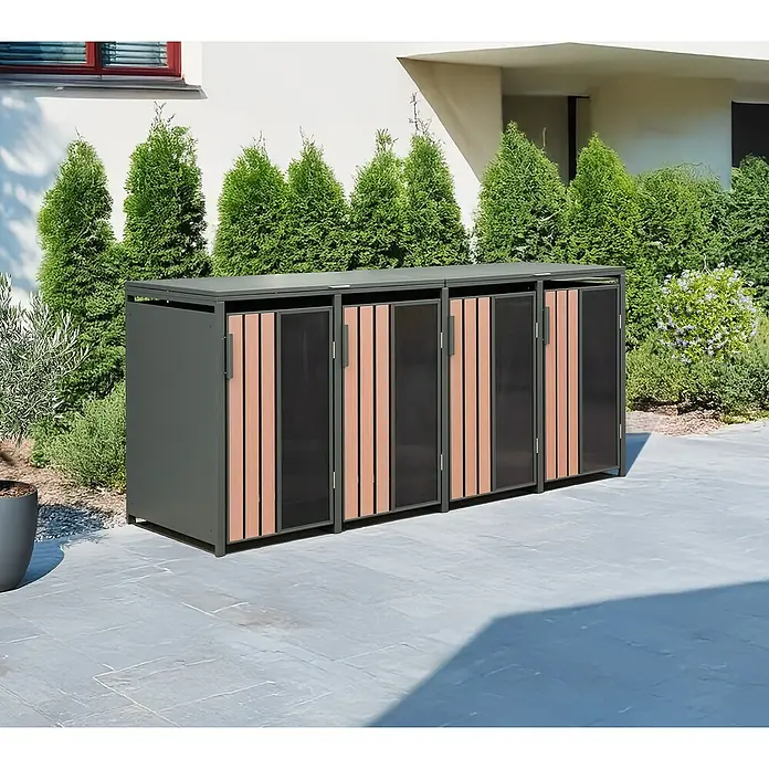 Westmann Mülltonnenbox Status 4 - Geeignet für Anzahl Mülltonnen: 4 Stk., Stahl, Acryl, Anthrazit - Dunkelgraue Outdoor-Aufbewahrungsbox mit hellbraunen Holzlamellen und dunklen Paneelen, auf gepflasterter Terrasse im Garten.