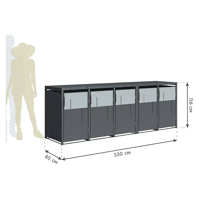 Westmann Mülltonnenbox Tonus 5 - Geeignet für Anzahl Mülltonnen: 5 Stk., Stahl, Grau - Vier dunkelgraue Outdoor-Stauschränke mit helleren oberen Paneelen. Maße: 330x80x116 cm.