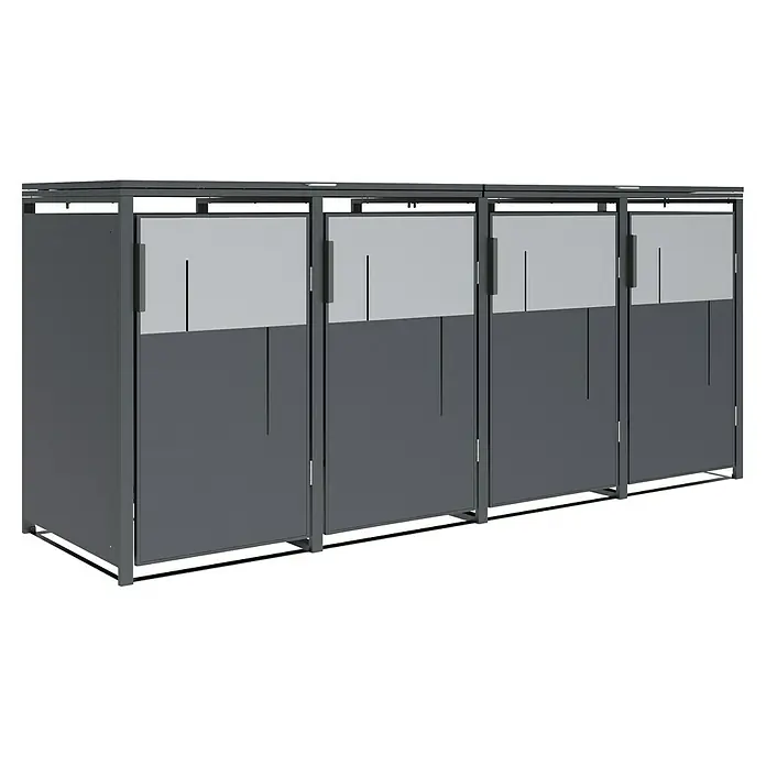 Westmann Mülltonnenbox Tonus 4 - Geeignet für Anzahl Mülltonnen: 4 Stk., Stahl, Grau - Dunkelgraue modulare Outdoor-Aufbewahrungsbox mit mehreren Fächern und Flügeltüren, teils mit hellgrauen Einsätzen und vertikalen Schlitzen.