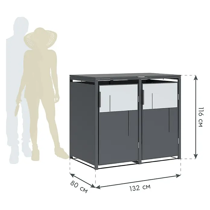 Westmann Mülltonnenbox Tonus 2 - Geeignet für Anzahl Mülltonnen: 2 Stk., Stahl, Grau - Dunkelgrauer Outdoor-Lagerschrank mit zwei Fächern, weißen Türverkleidungen und Maßen 132x80x116 cm. Mit menschlichen Silhouetten zur Größenorientierung.