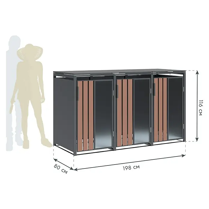 Mülltonnenbox - Stahl, Anthrazit, Geeignet für Anzahl Mülltonnen: 3 Stk. - Dreifache Outdoor-Aufbewahrungseinheit in Dunkelgrau mit Holzlamellen und Milchglasplatten, mit Maßen und Person zum Größenvergleich.