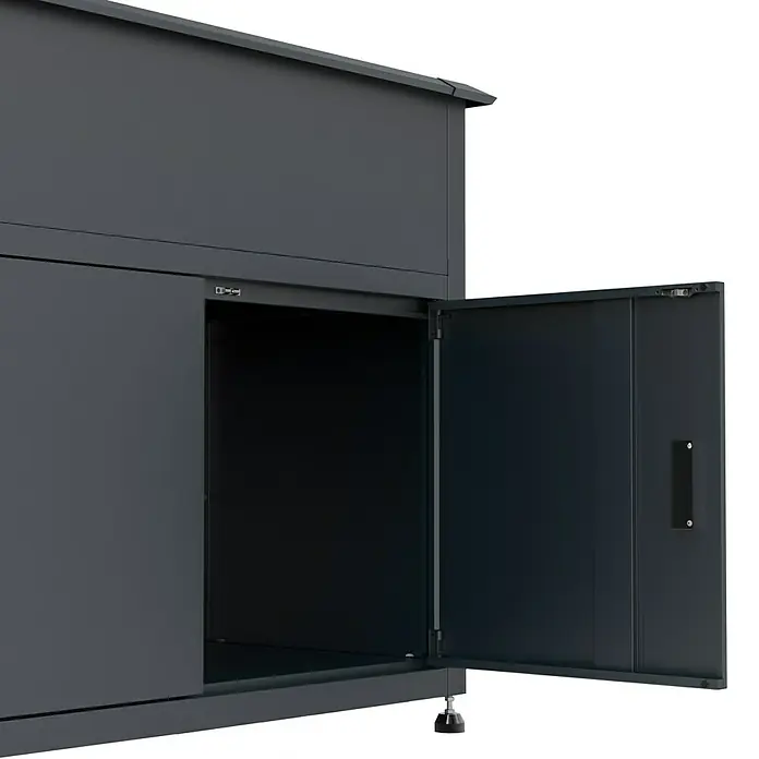 Westmann Hochbeet Plexa - 50 x 100 x 85 cm, Metall, Grau - Dunkelgrauer Metall-Stahlschrank mit offener Tür, leerem Innenraum und verstellbaren Füßen.