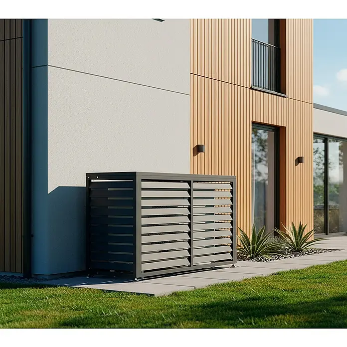 Westmann Verkleidung Boxa M - Ausführungseigenschaft: L 140 x B 56 x H 97 cm, Anthrazit - Graue Lamellenverkleidung für Außengerät, platziert neben einem modernen Haus.
