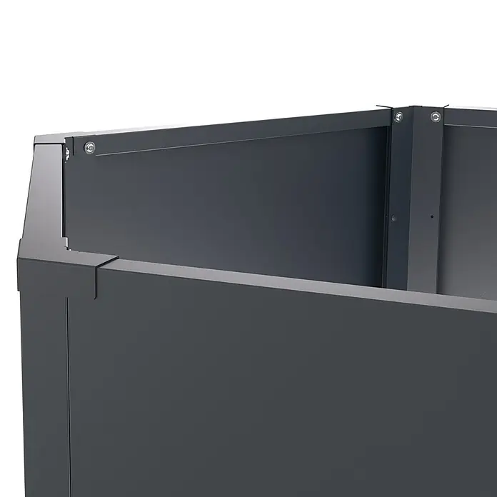 Westmann Hochbeet Varia 52 - 100 x 100 x 52 cm, Metall, Grau - Dunkelgraue Metallecke eines modularen Hochbeets mit sichtbaren Befestigungen.