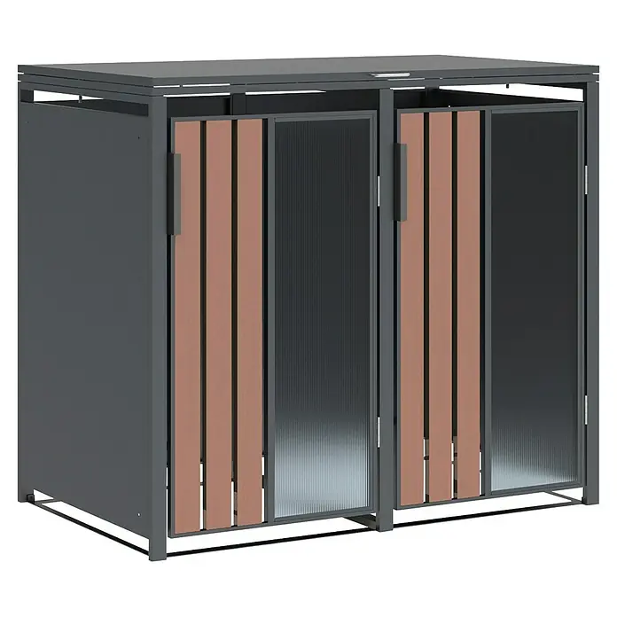 Westmann Mülltonnenbox Status 2 - Geeignet für Anzahl Mülltonnen: 2 Stk., Stahl, Acryl, Anthrazit - Dunkelgrauer Outdoor-Lagerschrank mit hellbraunen Holztüren und geriffelten, transluzenten Paneelen.