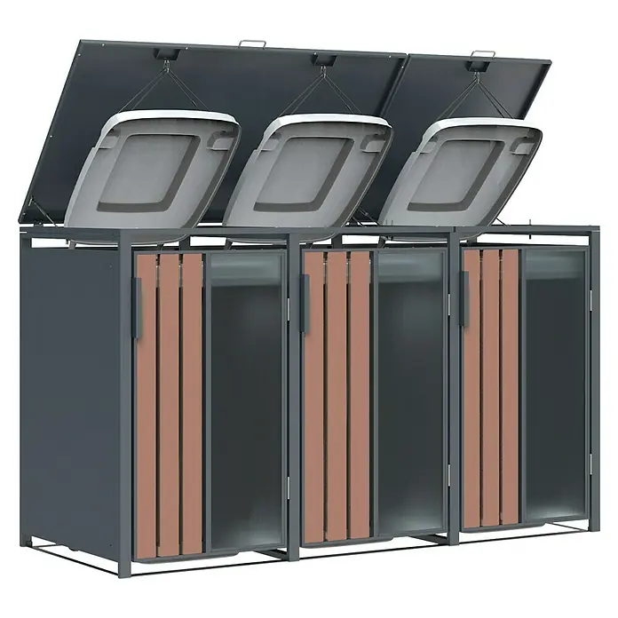 Mülltonnenbox - Stahl, Anthrazit, Geeignet für Anzahl Mülltonnen: 3 Stk. - Drei dunkelgraue Outdoor-Mülleimer mit hellbraunen Latten und gerippten Paneelen. Die Deckel sind geöffnet.