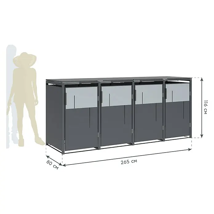 Westmann Mülltonnenbox Tonus 4 - Geeignet für Anzahl Mülltonnen: 4 Stk., Stahl, Grau - Dunkelgraue vierteilige Outdoor-Aufbewahrungseinheit mit Milchglasscheiben, 265x80x116 cm. Eine Personensilhouette dient als Größenvergleich.