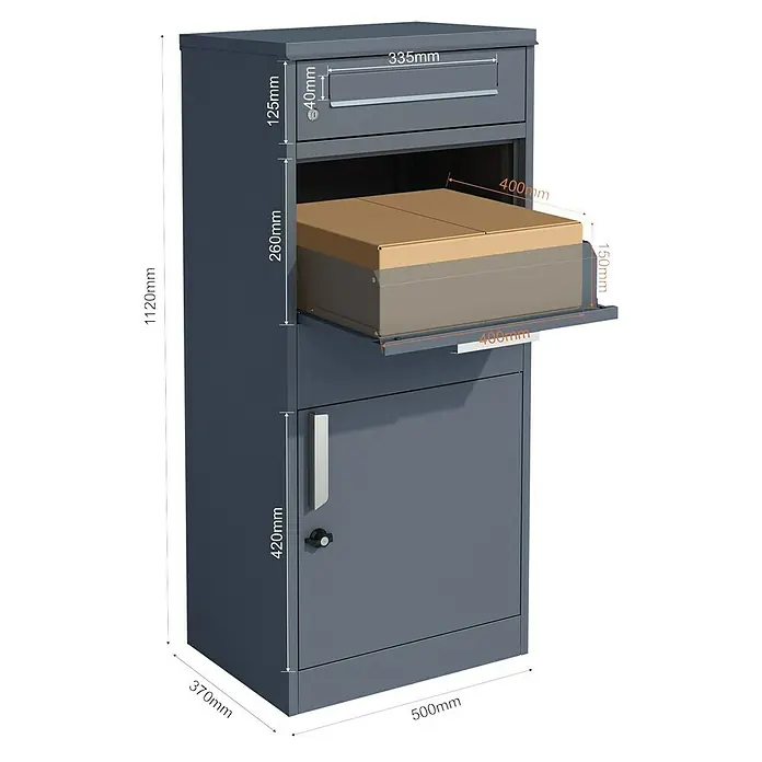 Westmann Paketbox Pedro - Höhe: 112 cm, Grau, Stahl - Grauer Metall Paketbriefkasten mit Maßen, offenes Fach mit braunem Paket sichtbar.