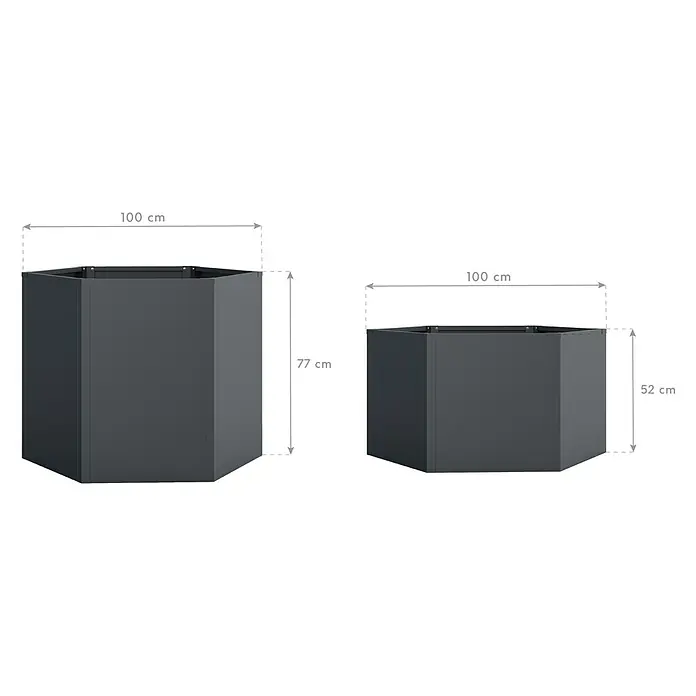 Westmann Hochbeet Varia Set - Metall, Grau - Zwei dunkelgraue sechseckige Metall-Hochbeete in zwei Größen, beide 100 cm breit, mit Höhen von 77 cm und 52 cm.
