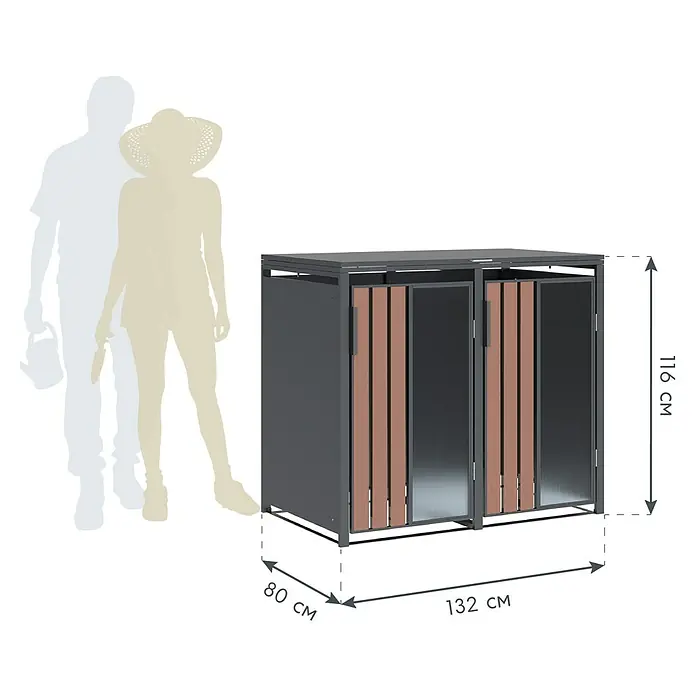 Westmann Mülltonnenbox Status 2 - Geeignet für Anzahl Mülltonnen: 2 Stk., Stahl, Acryl, Anthrazit - Dunkelgrauer Außen-Abfallbehälter mit zwei Holz-Paneelen-Fächern. Maße: 116x132x80 cm, daneben Personen zur Größenreferenz.