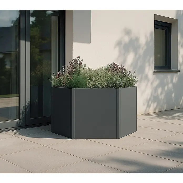 Westmann Hochbeet Varia 52 - 100 x 100 x 52 cm, Metall, Grau - Anthrazitfarbener sechseckiger Pflanzkübel mit Grünpflanzen und kleinen Blüten auf einer modernen Terrasse.
